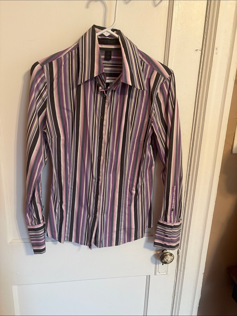 Express Purple, Black & White Striped Button-Down Shirt
